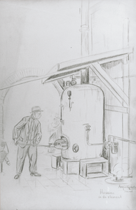 876797 Afbeelding van 'vader' Huisman die de ketel voor de gaarkeuken ingericht in het in het klooster Genazzano van de ...